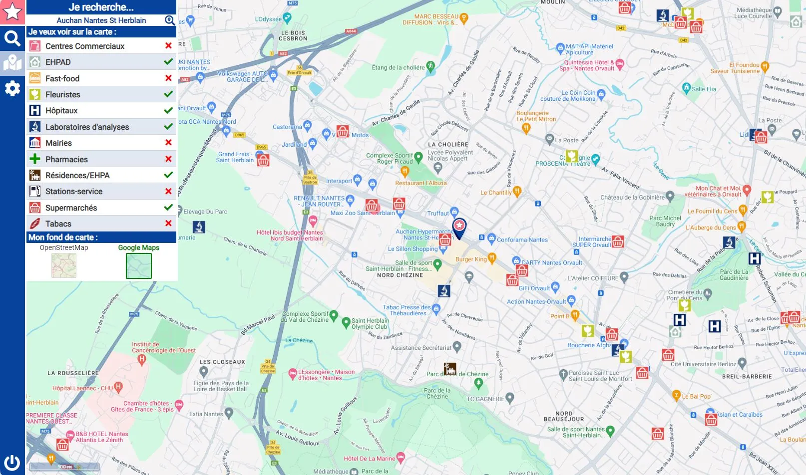 Capture d'écran de points d'intérêts affichables dans l'outil de l'outil