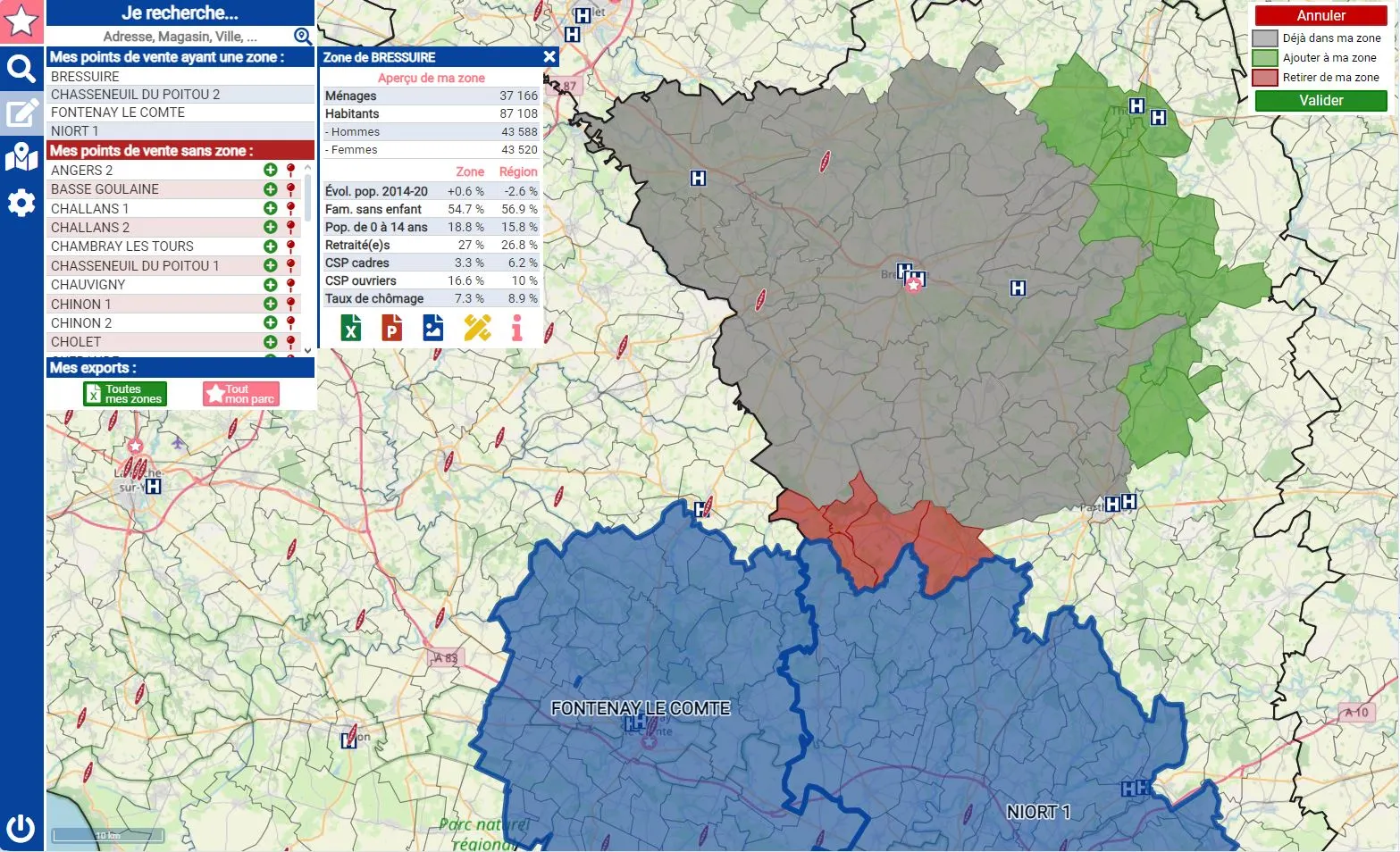 Capture d'écran de plusieurs zones contractuelles dans l'outil
